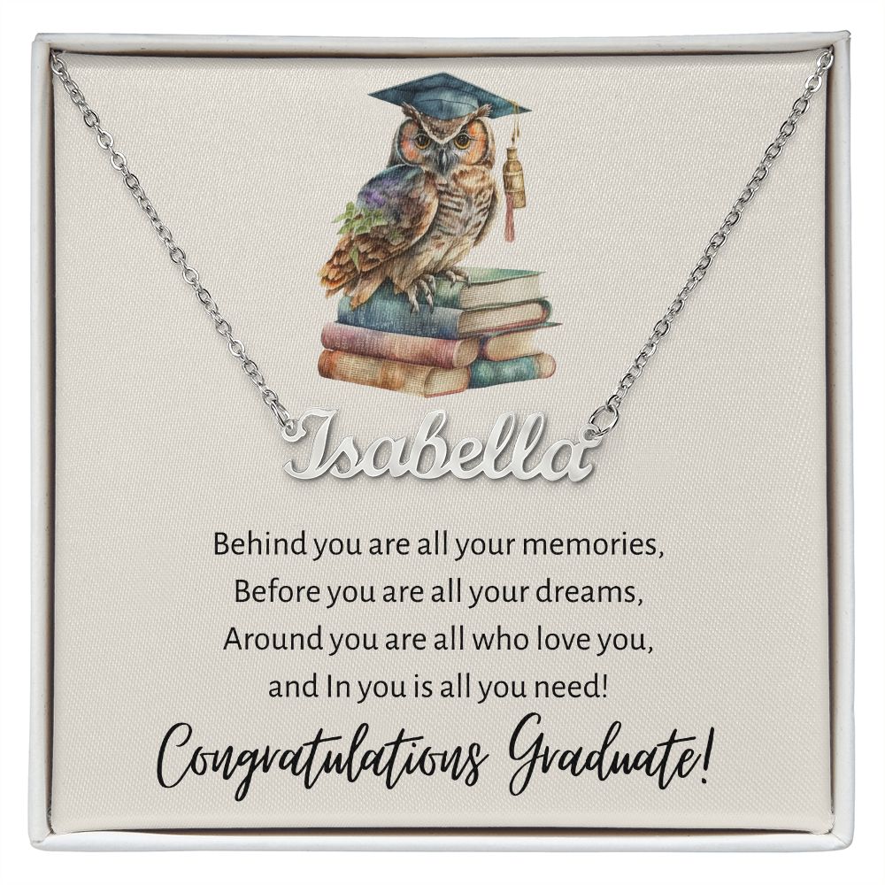 Wise Owl Congratulations Graduate Personalized Name Necklace Graduation Gift Stainless Steel or 18K Yellow Gold Finish