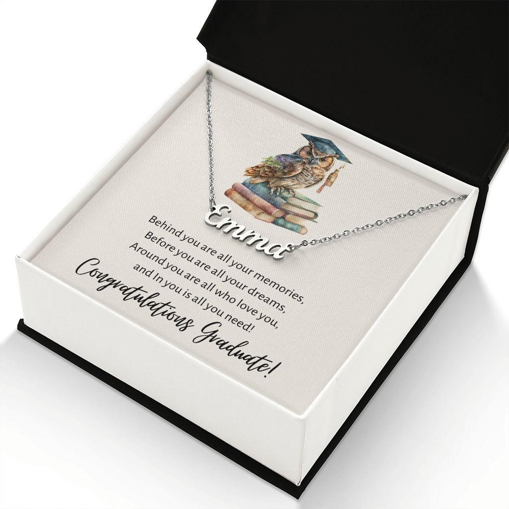 Wise Owl Congratulations Graduate Personalized Name Necklace Graduation Gift Stainless Steel or 18K Yellow Gold Finish