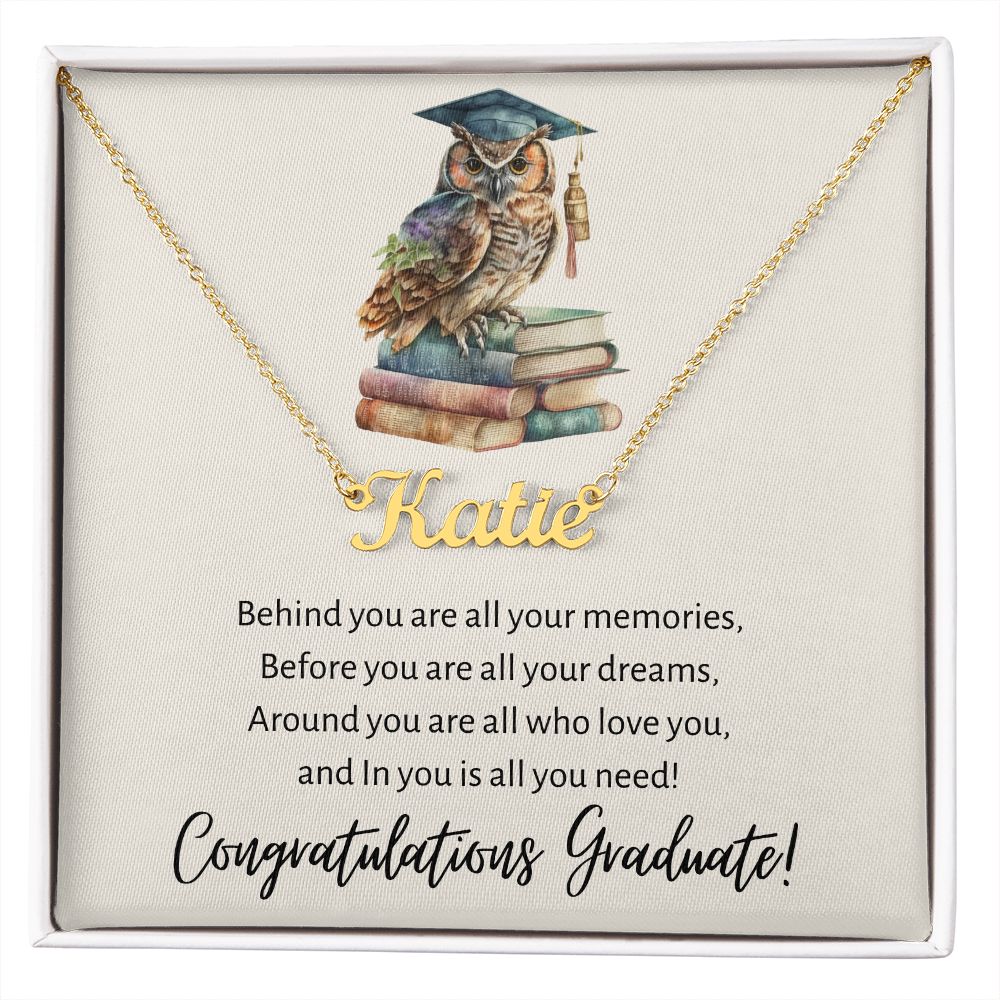 Wise Owl Congratulations Graduate Personalized Name Necklace Graduation Gift Stainless Steel or 18K Yellow Gold Finish