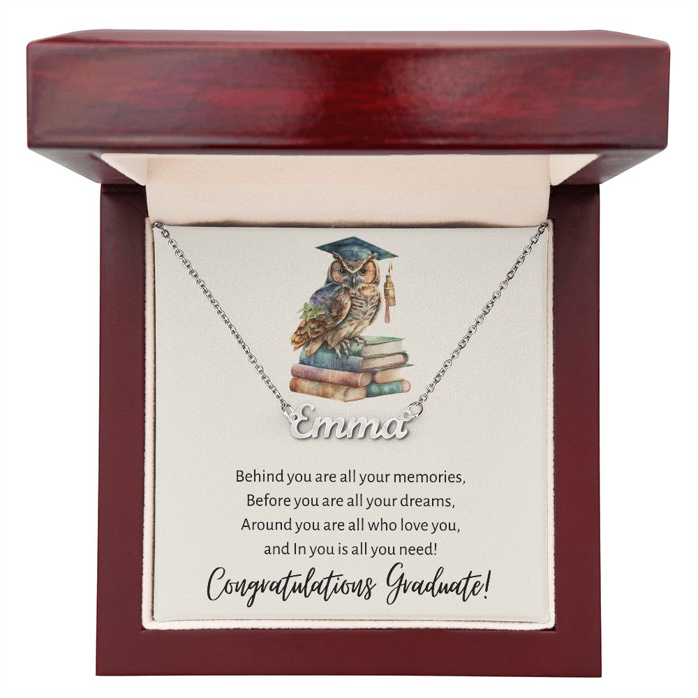 Wise Owl Congratulations Graduate Personalized Name Necklace Graduation Gift Stainless Steel or 18K Yellow Gold Finish