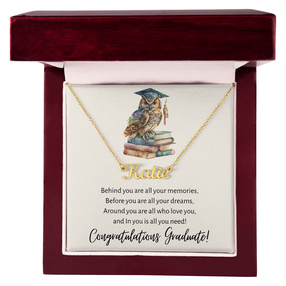 Wise Owl Congratulations Graduate Personalized Name Necklace Graduation Gift Stainless Steel or 18K Yellow Gold Finish