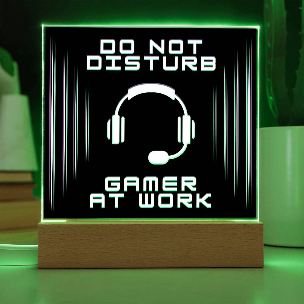 Do Not Disturb Gamer at Work Square Acrylic Plaque with Multi-Color LED Wood Base Display