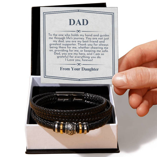 Dad, Love You Forever, Vegan Leather Braided and Stainless Steel Men's Bead Bracelet. With Gift Box