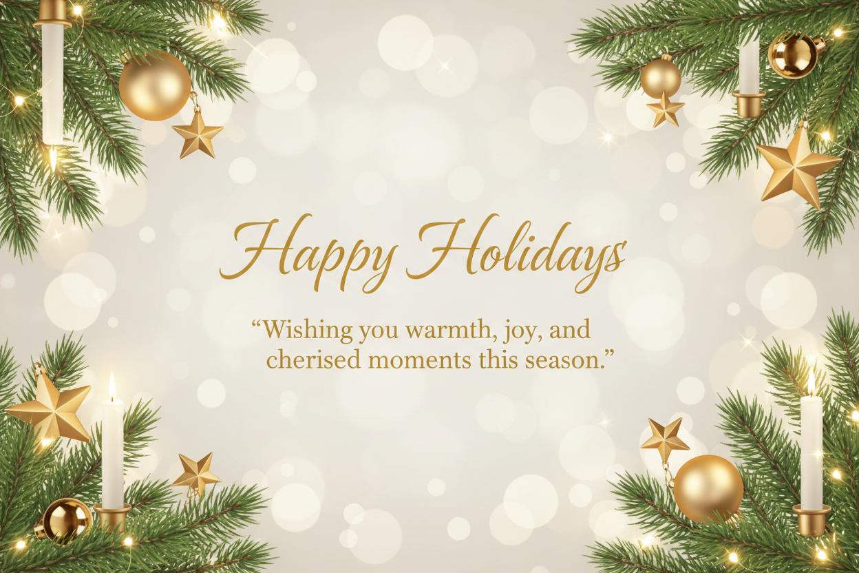 Generate a Happy Holidays Banner that is inviting and has a welcoming quote. Include holiday decor or a background, preferably with a lighter background